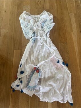 Guadalupe White Embroidered Maxi Dress with Blue and Pink Accents and tassels